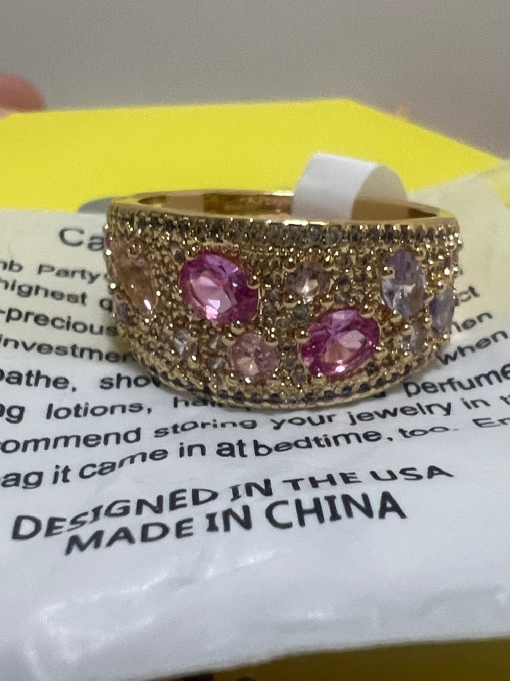 Gold Tone Ring with Pink and Lavender Gemstones - Women Jewelry size 10